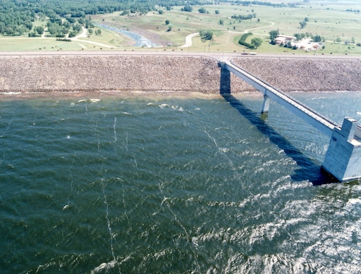 Aerial view of dam.
