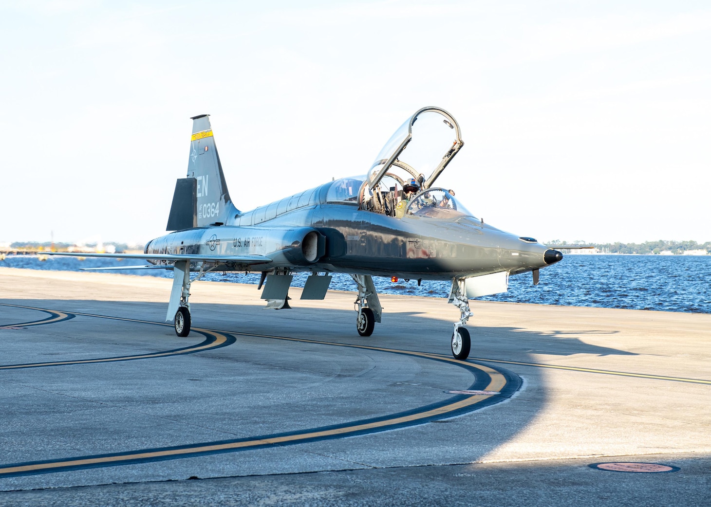 An Air Force T-38 Talon arrives at Fleet Readiness Center Southeast (FRCSE). This is FRCSE’s first T-38, which will undergo overhaul and repair as part of the Talon Repair, Inspection and Maintenance program (TRIM).