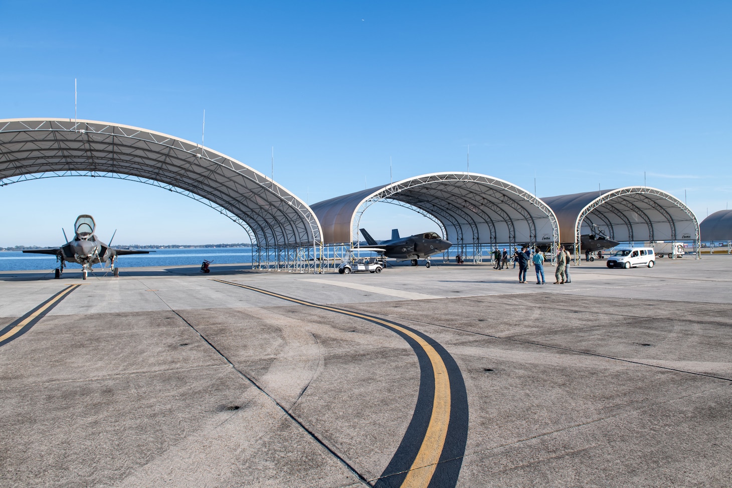 Three Royal Navy (RN) F-35 Lightning II aircraft arrive at Fleet Readiness Center Southeast (FRCSE). The fifth-generation fighters will undergo a Production Asset Inspection Requirement Tier II (PAIR II) corrosion-mitigation inspection at FRCSE.