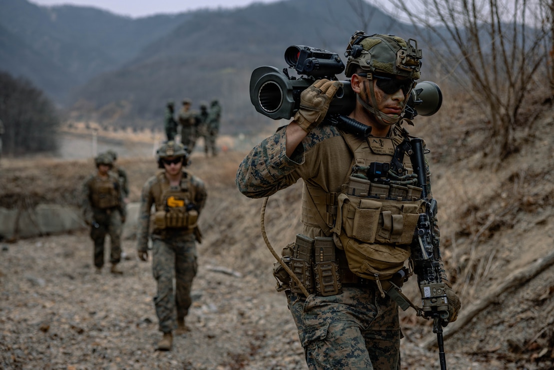 U.S. Marines with 2nd Battalion, 8th Marine Regiment, currently forward deployed with 4th Marine Regiment, 3rd Marine Division as part of the Unit Deployment Program, make movement to rehearse squad attacks during the Korean Marine Exchange Program 26.1 on Suseong-Ri, Pohang, South Korea, March 25, 2026. The Korean Marine Exchange Program (KMEP) is a semi-annual exercise that provides opportunities for ROK Marine Corps and U.S. Marine Corps units to train together, improving their combined capabilities to deter threats and maintain peace on the Korean Peninsula. (U.S. Marine Corps photo by Cpl. Joaquin Dela Torre)