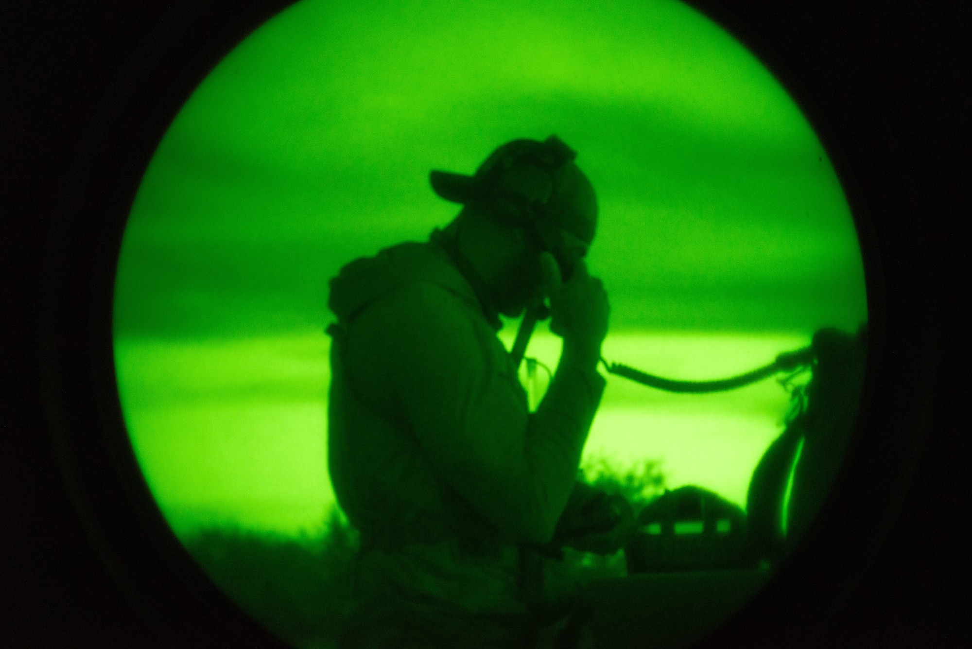 U.S. Air Force Staff Sgt. Robert Wells, a joint terminal attack controller with the 147th Air Support Operations Squadron, participates in an exercise at Davis-Monthan Air Force Base, Arizona, April 3, 2026. Wells supported the Combat Leader Course, an intensive training event designed to teach Pararescuemen advanced rescue and leadership skills. (U.S. Air Force photo by Airman 1st Class Jaden Kidd)
