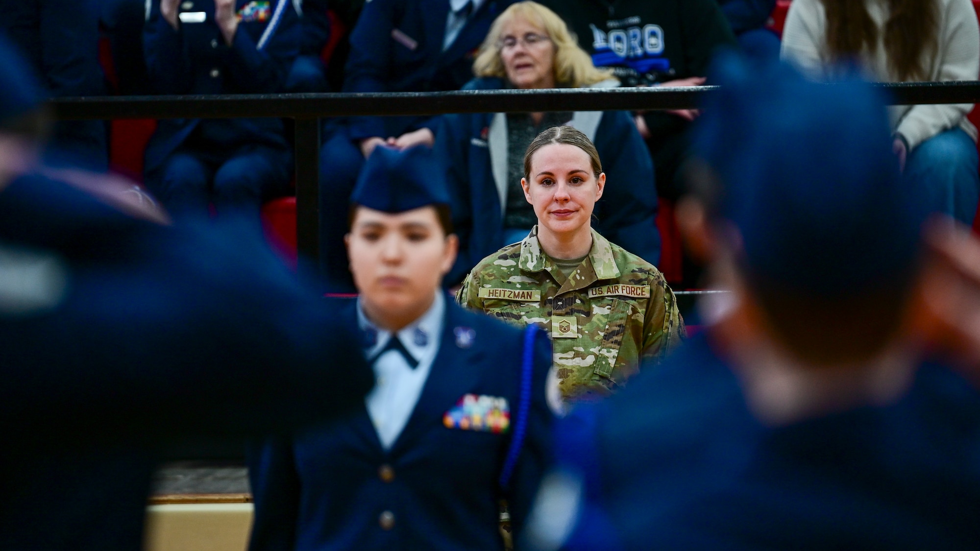 Master Sgt. Deana Heitzman observes Air Force Junior Reserve Officer Training Corps cadets.