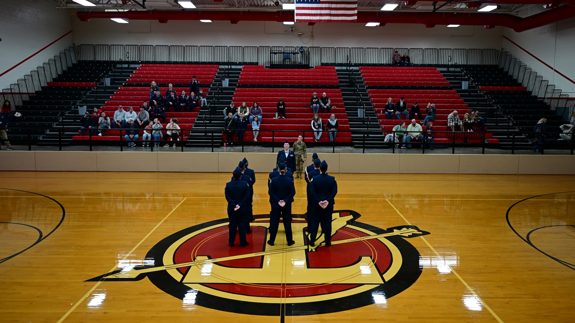 A flight of cadets prepare to participate in an Air Force Junior Reserve Officer Training Corps junior varsity drill competition.