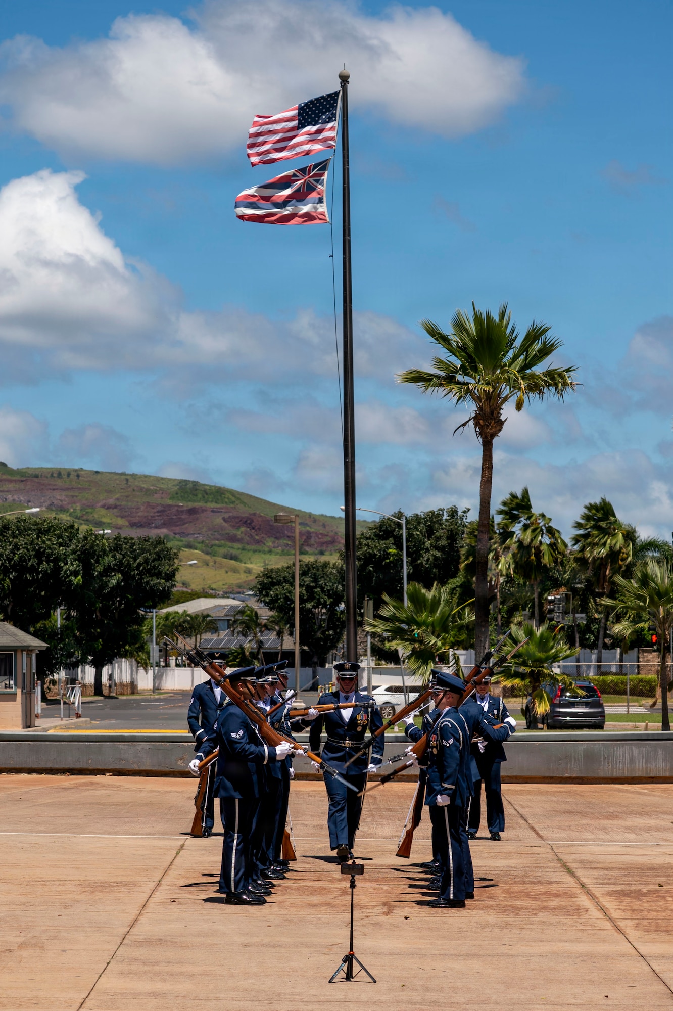 The U.S. Air Force Honor Guard Drill Team performs for Kapolei High School, Kapolei, Hawaii, March 30, 2026. The team engaged with Kapolei’s U.S. Marine Corps Junior Reserve Officer Training Corps cadets over the weekend before performing for the entire high school. (U.S. Air Force photo by Staff Sgt. Jordan Powell)