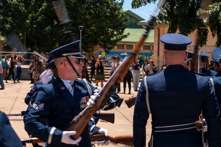 Kapolei High School students watch the U.S. Air Force Honor Guard Drill Team perform at Kapolei High School, Kapolei, Hawaii, March 30, 2026. The performance marked the first of six school performances on the team’s tour of Oahu. (U.S. Air Force photo by Staff Sgt. Jordan Powell)