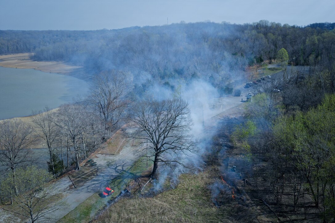 Louisville District burn team conduct a prescribed burn, March 25, 2026 at Barren River Lake in Glasgow, Ky. USACE crews conduct controlled burns during the dormant season to systematically reduce accumulated vegetation and restore native plant life across district lake projects.
