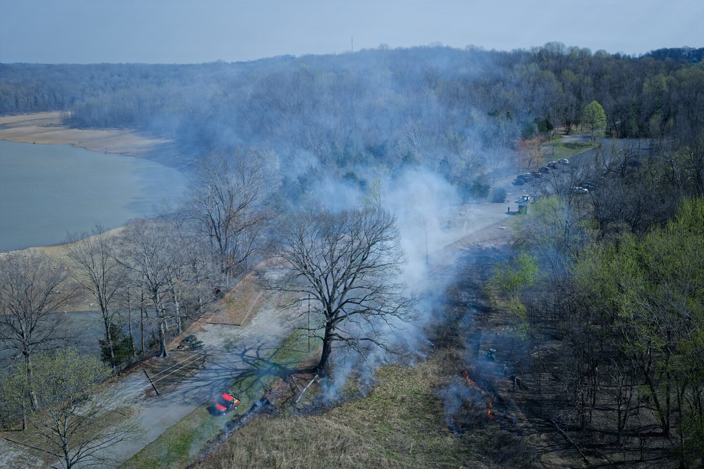 Louisville District burn team conduct a prescribed burn, March 25, 2026 at Barren River Lake in Glasgow, Ky. USACE crews conduct controlled burns during the dormant season to systematically reduce accumulated vegetation and restore native plant life across district lake projects.