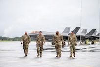 Airmen assigned to the 158th Fighter Wing, Vermont Air National Guard, and the 192nd Wing, Virginia Air National Guard, walk on the flight line Sept. 25, 2025, at Burlington Air National Guard Base, Vt.