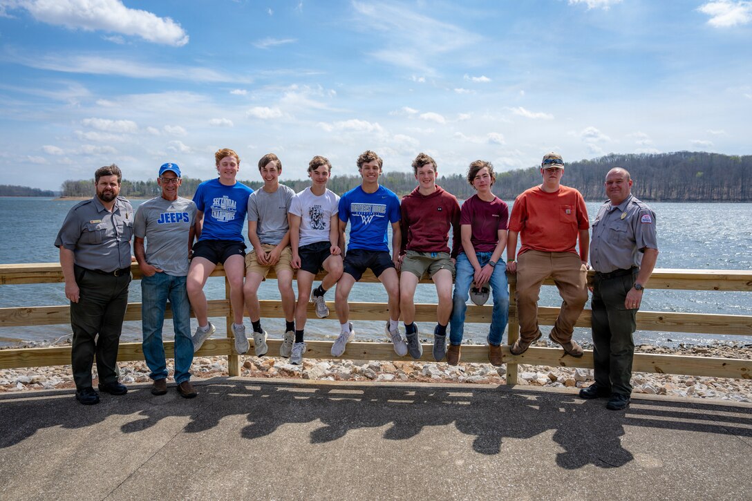 Students from the Northeast Dubois High School Building and Trades class reconstruct a wooden fence and railing at a scenic overlook, March 31, 2026 at Patoka Lake in Dubois, Indiana. The class coordinated with the U.S. Army Corps of Engineers, Louisville District and lake staff to replace the aging infrastructure. The project provides students with hands-on construction experience while fostering community ownership.