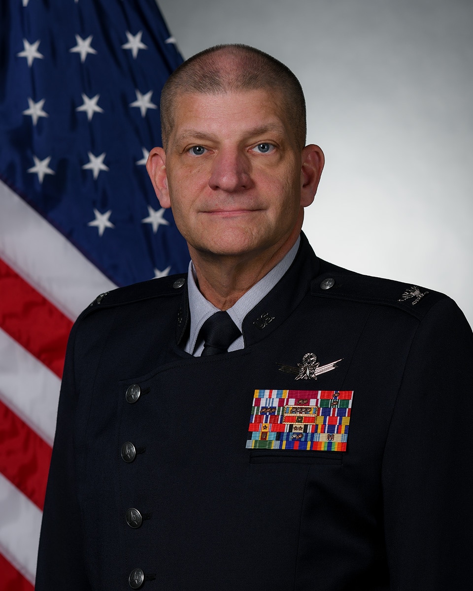 U.S. Space Force Col. Kenneth Klock, Space Base Delta 1 commander, poses for an official photo at Peterson Space Force Base, Colorado. (U.S. Space Force photo by Dalton Prejeant)
