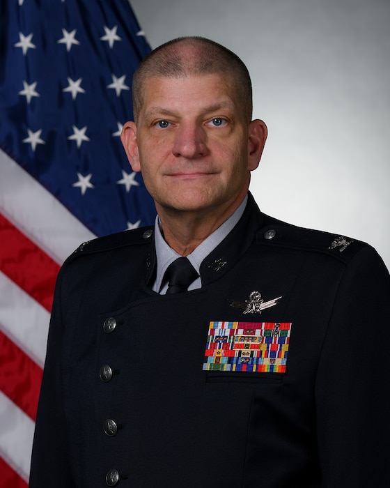 U.S. Space Force Col. Kenneth Klock, Space Base Delta 1 commander, poses for an official photo at Peterson Space Force Base, Colorado. (U.S. Space Force photo by Dalton Prejeant)