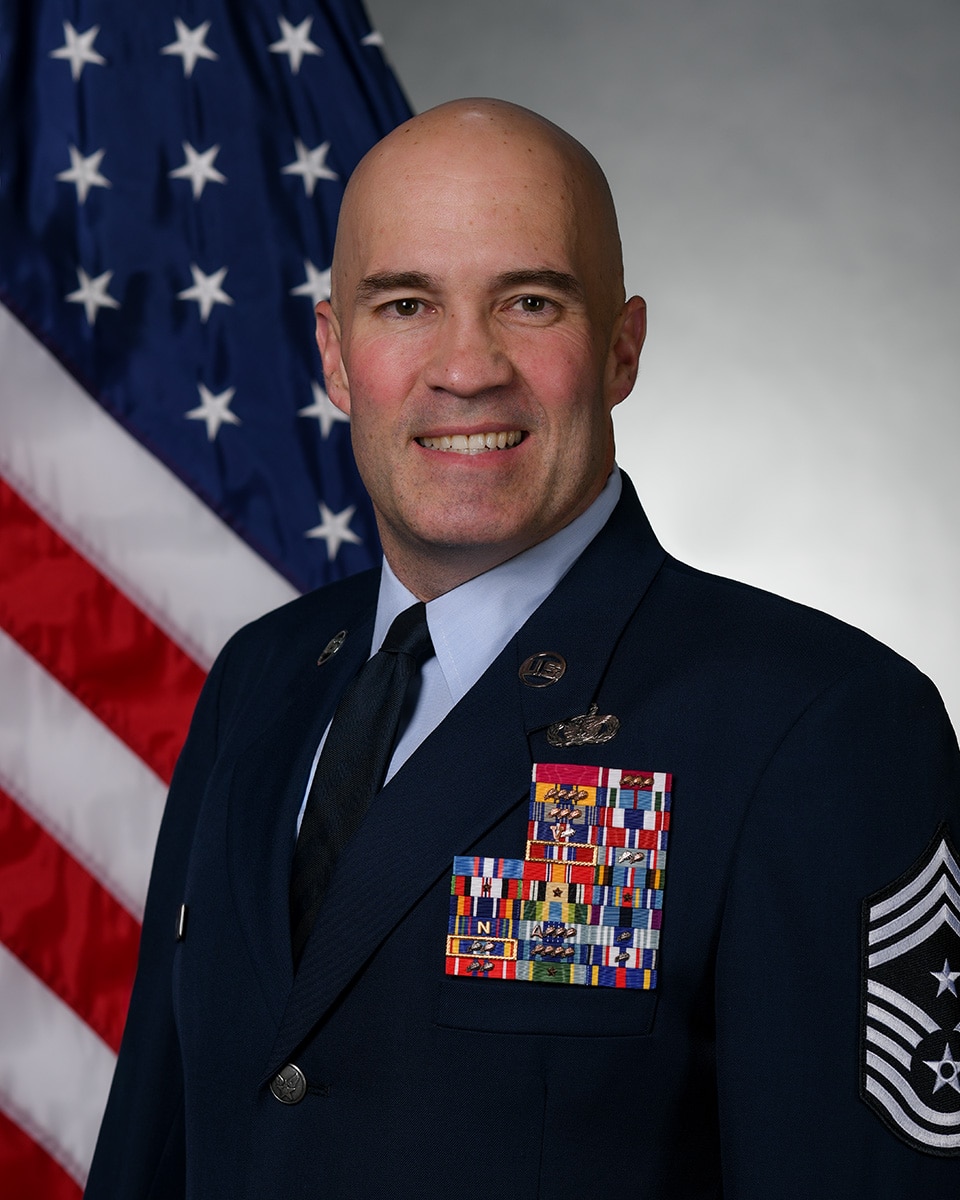 U.S. Air Force Chief Master Sergeant Joseph E. Joslin, poses for an official photo at Peterson Space Force Base, Colorado (U.S. Space Force photo by Dalton Prejeant)