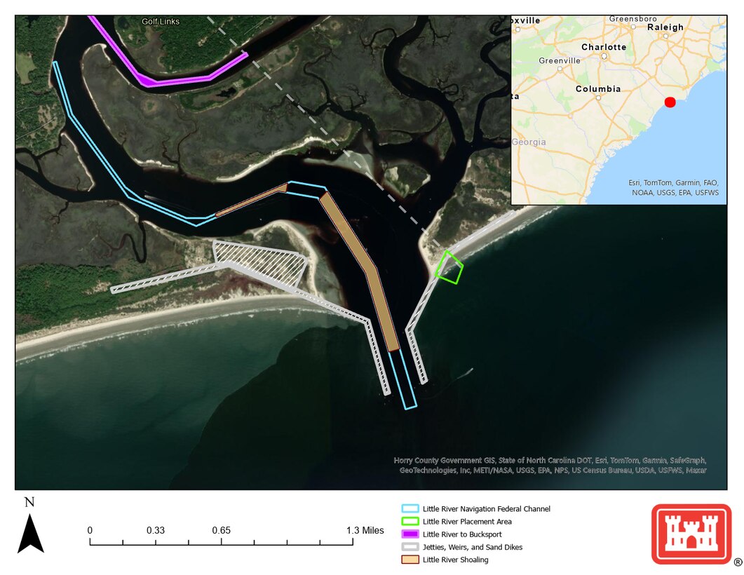 A map of the Little River Inlet channel on the North and South Carolina border.