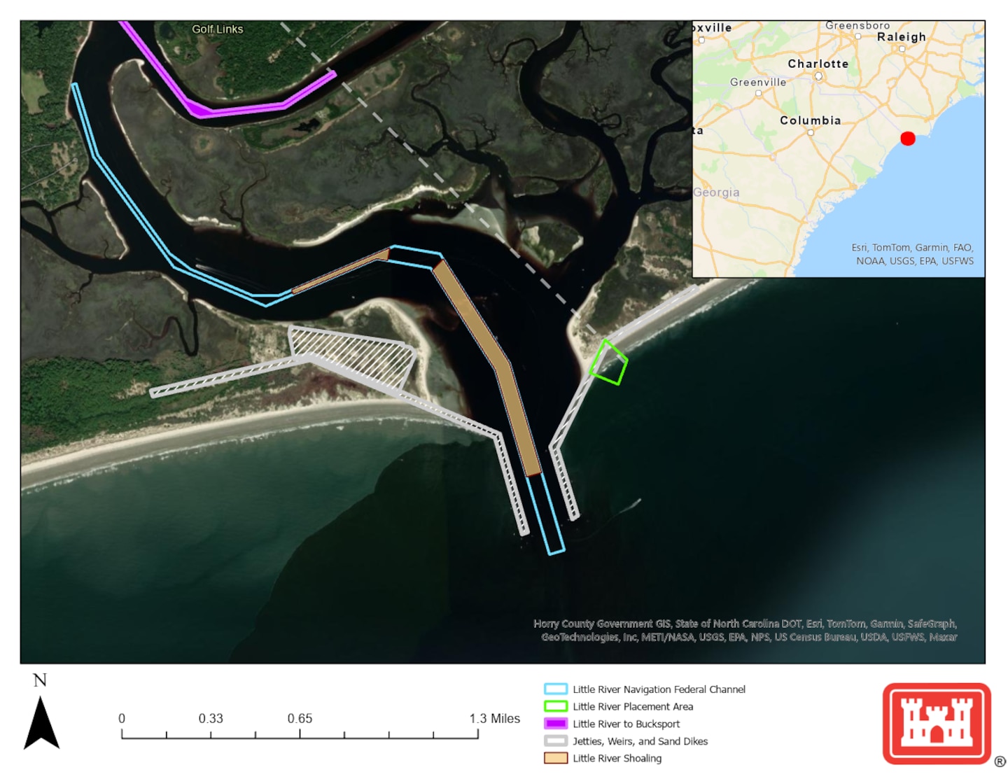 A map of the Little River Inlet channel on the North and South Carolina border.