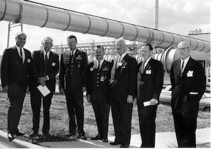 Retired Lt. Gen. Don Putt, retired Maj. Gen. Franklin O. Carroll, Gen. Bernard Schriever, Brig. Gen. Lee Gossick, retired Maj. Gen. Leif Sverdrup, retired Lt. Gen. Lawrence Craigie and retired Maj. Gen. Edward Powers, pictured from left, pause for a photo while touring Arnold Engineering Development Center on Arnold Air Force Base, Tenn., in 1965. Carroll was the first commander of AEDC and is credited with helping to bring the installation to fruition. (U.S. Air Force photo)