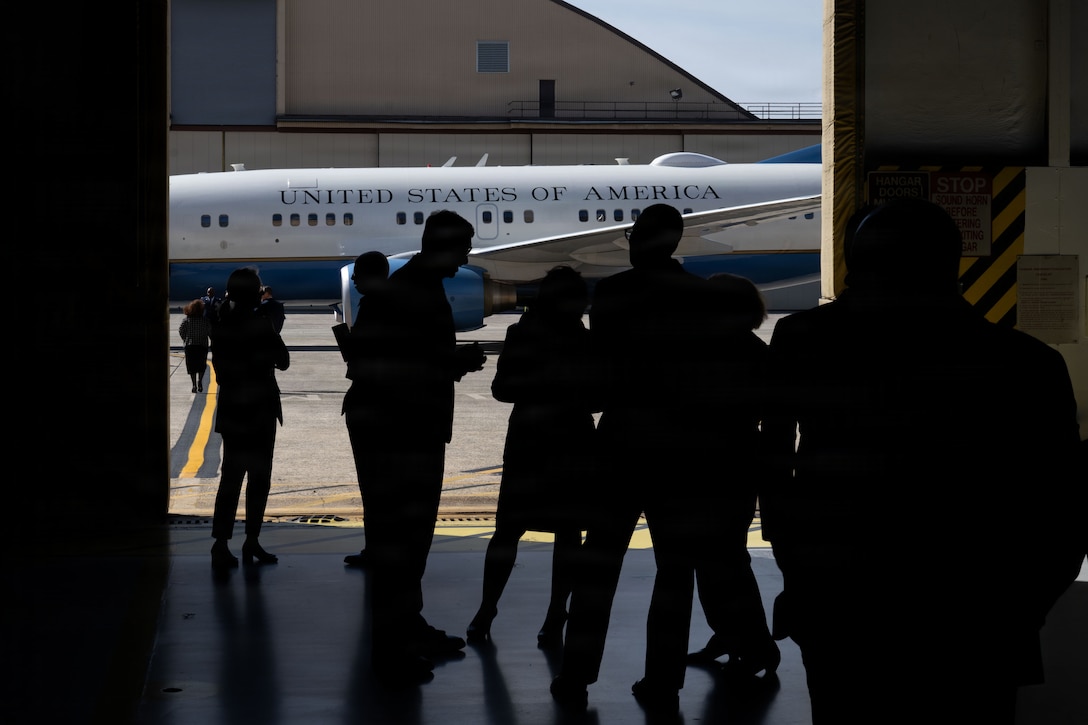 Newly inducted Joint Base Andrews honorary commanders mingle and view static displays following the 2026 Honorary Commanders Induction Ceremony.
