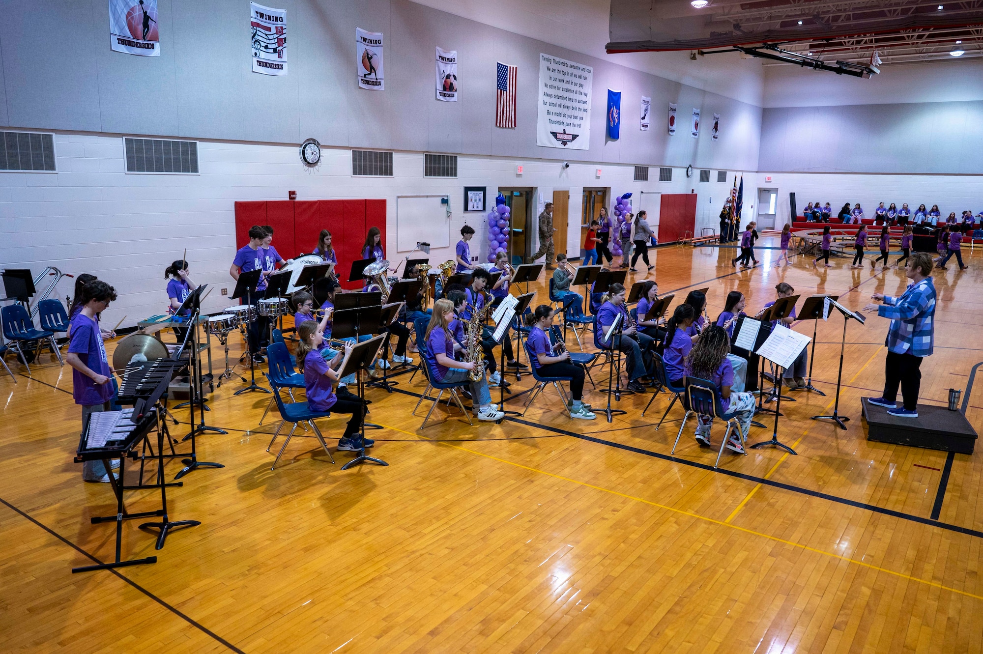 The Nathan Twining Elementary and Middle School band plays music during a Month of the Military Child ceremony at Grand Forks Air Force Base, North Dakota, April 7, 2026.