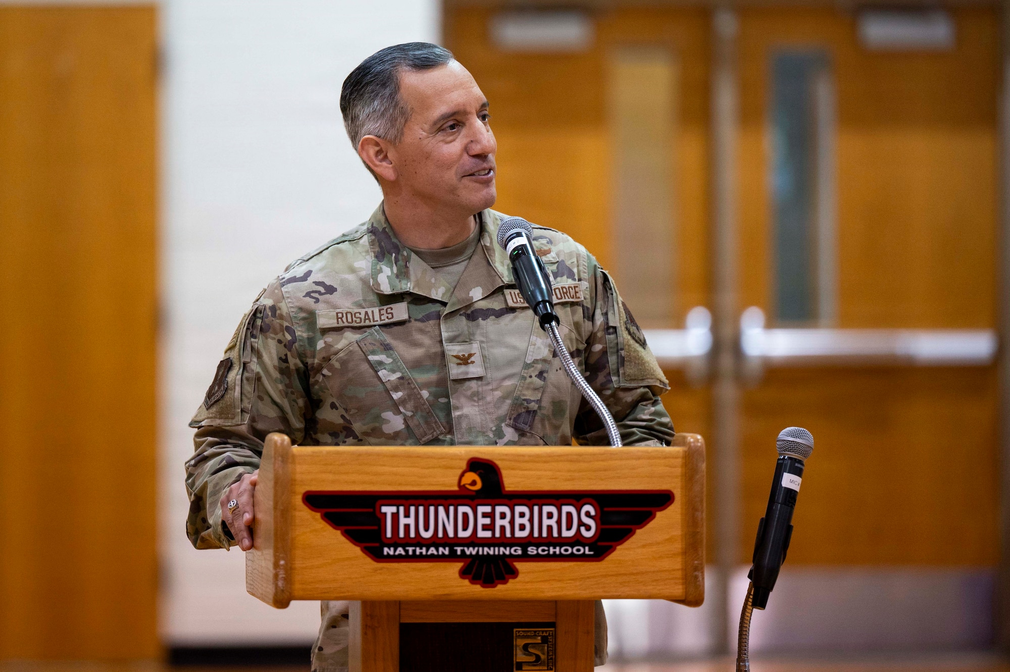Col. Alfred Rosales speaks during a Month of the Military Child ceremony at Grand Forks Air Force Base, North Dakota, April 7, 2026.