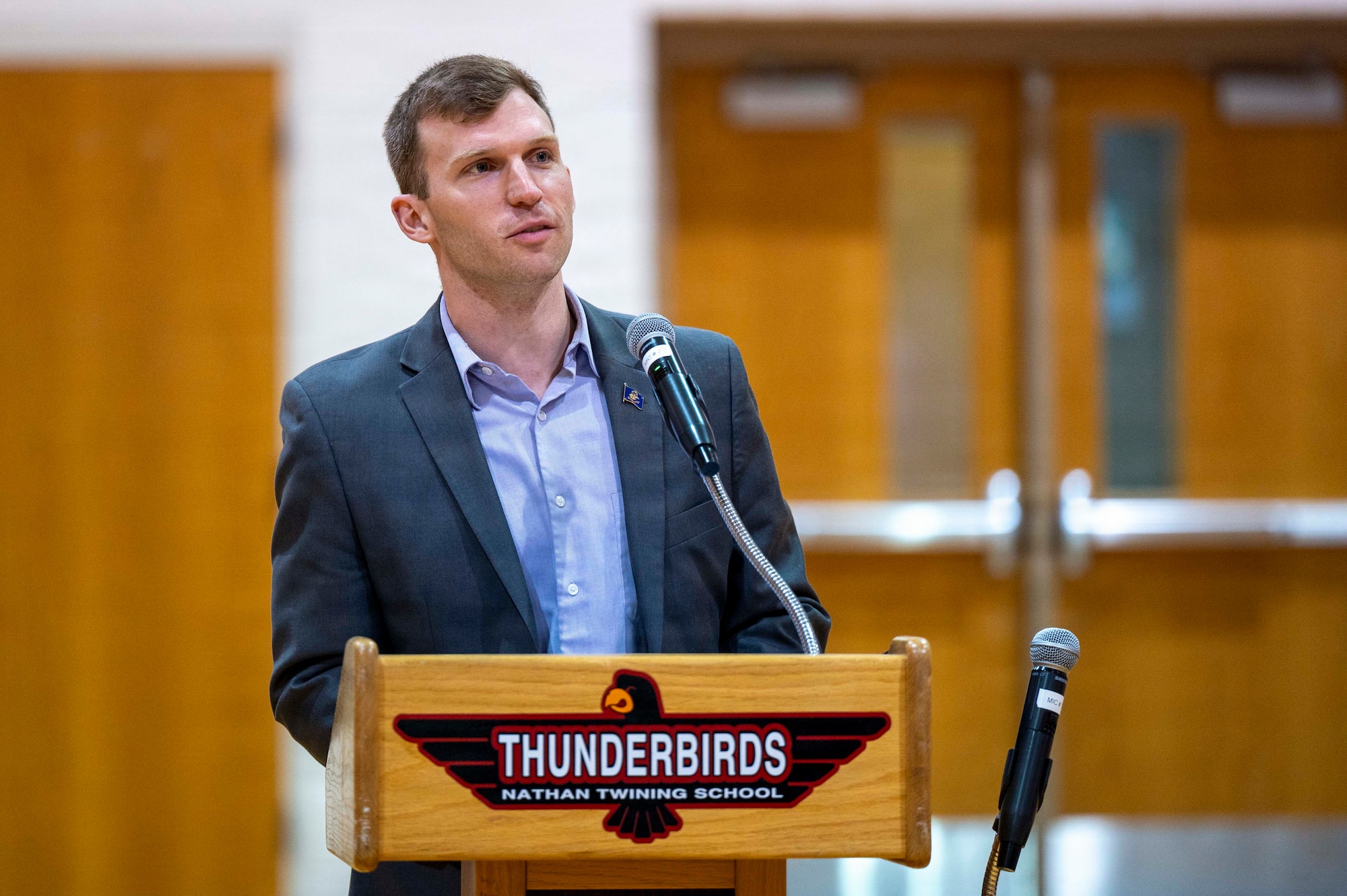 Levi Bachmeier, superintendent of public instruction for the state of North Dakota, thanks children in the audience during a Month of the Military Child ceremony at Grand Forks Air Force Base, North Dakota, April 7, 2026.