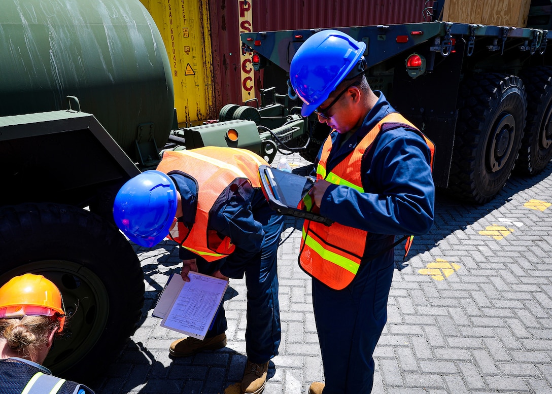 U.S. Marines  assigned to I Marine Expeditionary Force use a Marine Corps Platform Integration Center tablet to track equipment during a maritime prepositioning force offload March 14, 2026, at the Port of Cagayan de Oro, Philippines. MCPIC, developed by Blount Island Command, provides real-time visibility of equipment movement and supports accountability and distribution operations. The operation supported the rapid distribution of forward-positioned equipment for Exercise Balikatan 2026 and demonstrated how prepositioning processes support distributed sustainment by conducting offload, distribution and regeneration across afloat platforms, ashore nodes and transportation networks. Balikatan is a longstanding annual exercise between the Armed Forces of the Philippines and the U.S. military designed to strengthen the alliance, improve combined capabilities and demonstrate commitment to regional security and stability. (U.S. Marine Corps photo by Cpl. Nicholas Martinez)