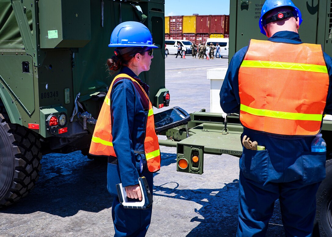 U.S. Marines assigned to I Marine Expeditionary Force use a Marine Corps Platform Integration Center tablet and scanner during a maritime prepositioning force offload March 14, 2026, at the Port of Cagayan de Oro, Philippines. MCPIC, developed by Blount Island Command, provides real-time visibility of equipment movement and supports accountability and distribution operations. The operation supported the rapid distribution of forward-positioned equipment for Exercise Balikatan 2026 and demonstrated how prepositioning processes support distributed sustainment by conducting offload, distribution and regeneration across afloat platforms, ashore nodes and transportation networks. Balikatan is a longstanding annual exercise between the Armed Forces of the Philippines and the U.S. military designed to strengthen the alliance, improve combined capabilities and demonstrate commitment to regional security and stability. (U.S. Marine Corps photo by Cpl. Nicholas Martinez)
