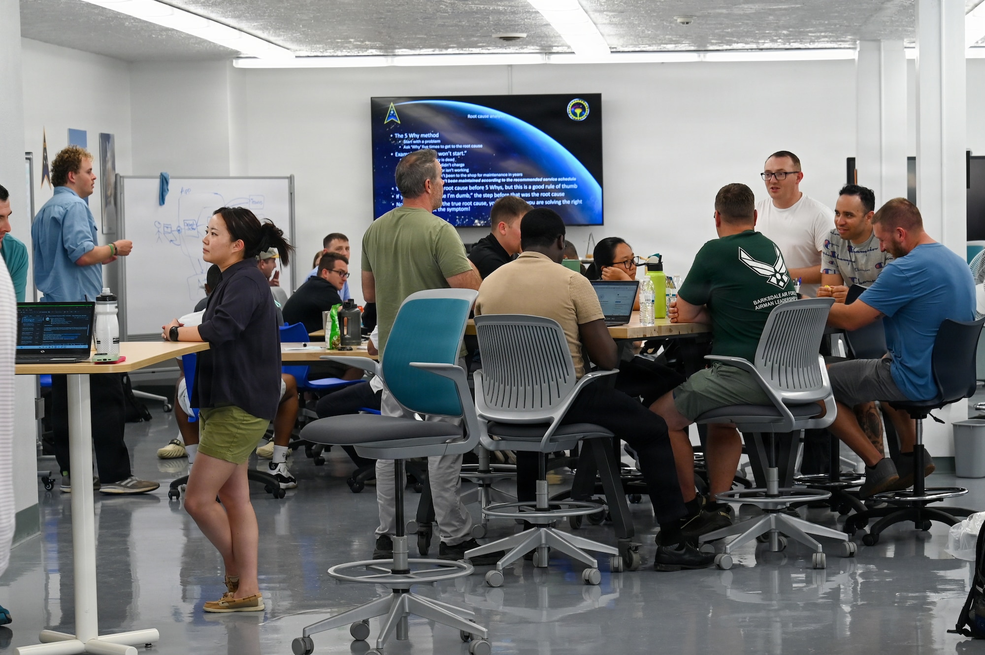 2nd Space Launch Squadron personnel discuss ideas in breakout teams during their first Innovation Days stand down event at The Crucible innovation lab.