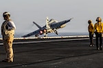 An F/A-18E Super Hornet, assigned to Strike Fighter Squadron 151, launches from the flight deck of the aircraft carrier USS Abraham Lincoln during Operation Epic Fury, April 1, 2026.