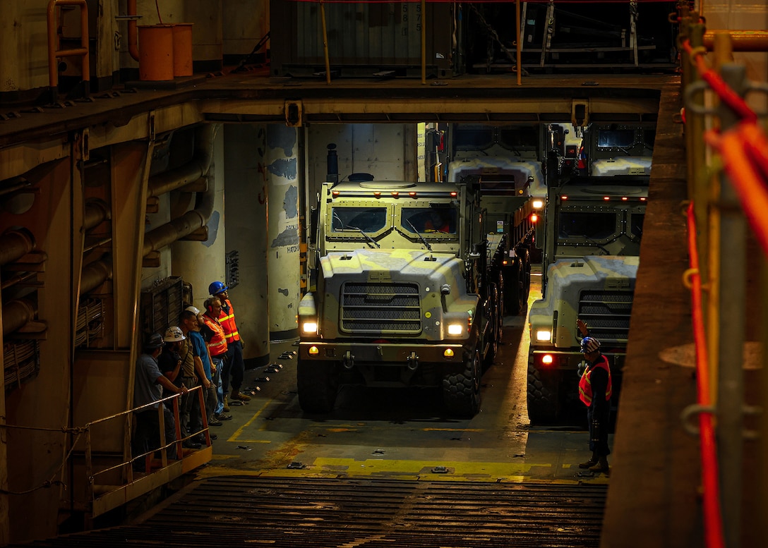 U.S. Marines assigned to I Marine Expeditionary Force offload vehicles from the USNS Sgt. William W. Seay during a maritime prepositioning force offload March 14, 2026 at the Port of Cagayan de Oro, Philippines. The operation supported the rapid distribution of forward-positioned equipment for Exercise Balikatan 2026 and demonstrated how prepositioning processes support distributed sustainment by conducting offload, distribution and regeneration across afloat platforms, ashore nodes and transportation networks. Balikatan is a longstanding annual exercise between the Armed Forces of the Philippines and the U.S. military designed to strengthen the alliance, improve combined capabilities and demonstrate commitment to regional security and stability. (U.S. Marine Corps photo by Cpl. Nicholas Martinez)