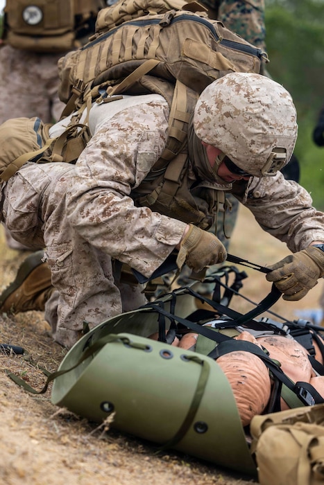 U.S. Navy Hospital Corpsman 3rd Class Nicholas Ciscia, assigned to Battalion Landing Team 2/4, 13th Marine Expeditionary Unit, prepares a simulated casualty for evacuation during Tactical Recovery of Aircraft and Personnel Course 26-2 at Marine Corps Base Camp Pendleton, California, March 31, 2026. The TRAP course trains Marines and Sailors to recover isolated personnel and equipment, a critical skill for deployment. Ciscia is a native of New York. (U.S. Marine Corps photo by Cpl. Mary R. Jenni)