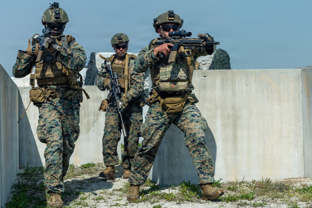 U.S. Marines with 3rd Battalion, 2nd Marine Regiment, 24th Marine Expeditionary Unit, secure a trench during a dry run in preparation for a live fire execution on Marine Corps Base Camp Lejeune, North Carolina, March 31, 2026. The range strengthens the unit’s ability to maneuver in a dynamic training environment while enhancing combat effectiveness and overall readiness. (U.S. Marine Corps photo by Lance Cpl. Payton Walley)