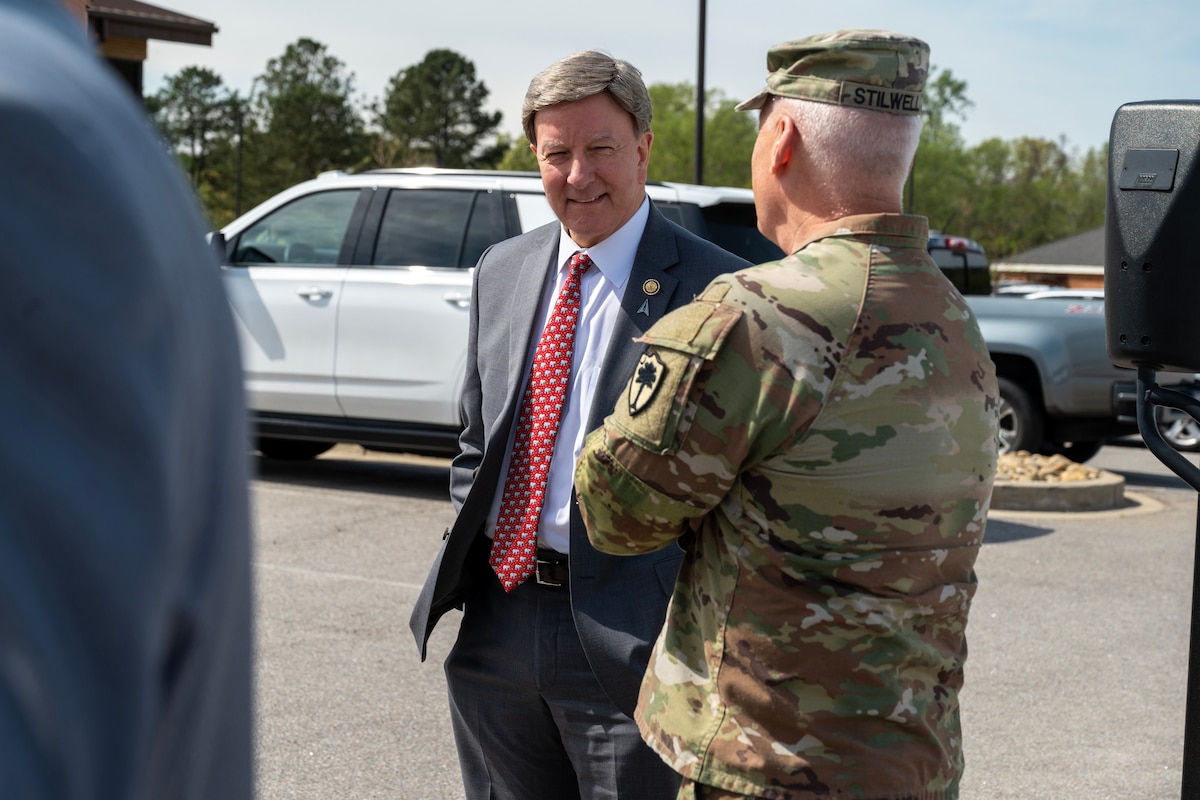 U.S. Rep. Mike Rogers, chairman of the House Armed Services Committee, speaks with Maj. Gen. Robin Stilwell, adjutant general of South Carolina, during a visit to McEntire Joint National Guard Base, South Carolina, March 24, 2026. Discussions provided senior leaders an opportunity to exchange perspectives on mission readiness, operational capabilities, and force requirements.