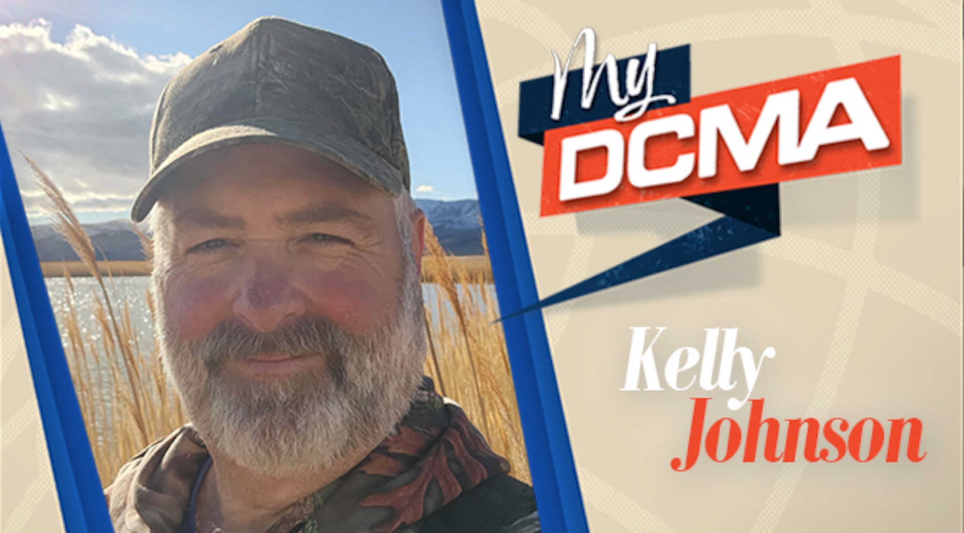 Smiling man with a beard wears a camouflage hat and shirt