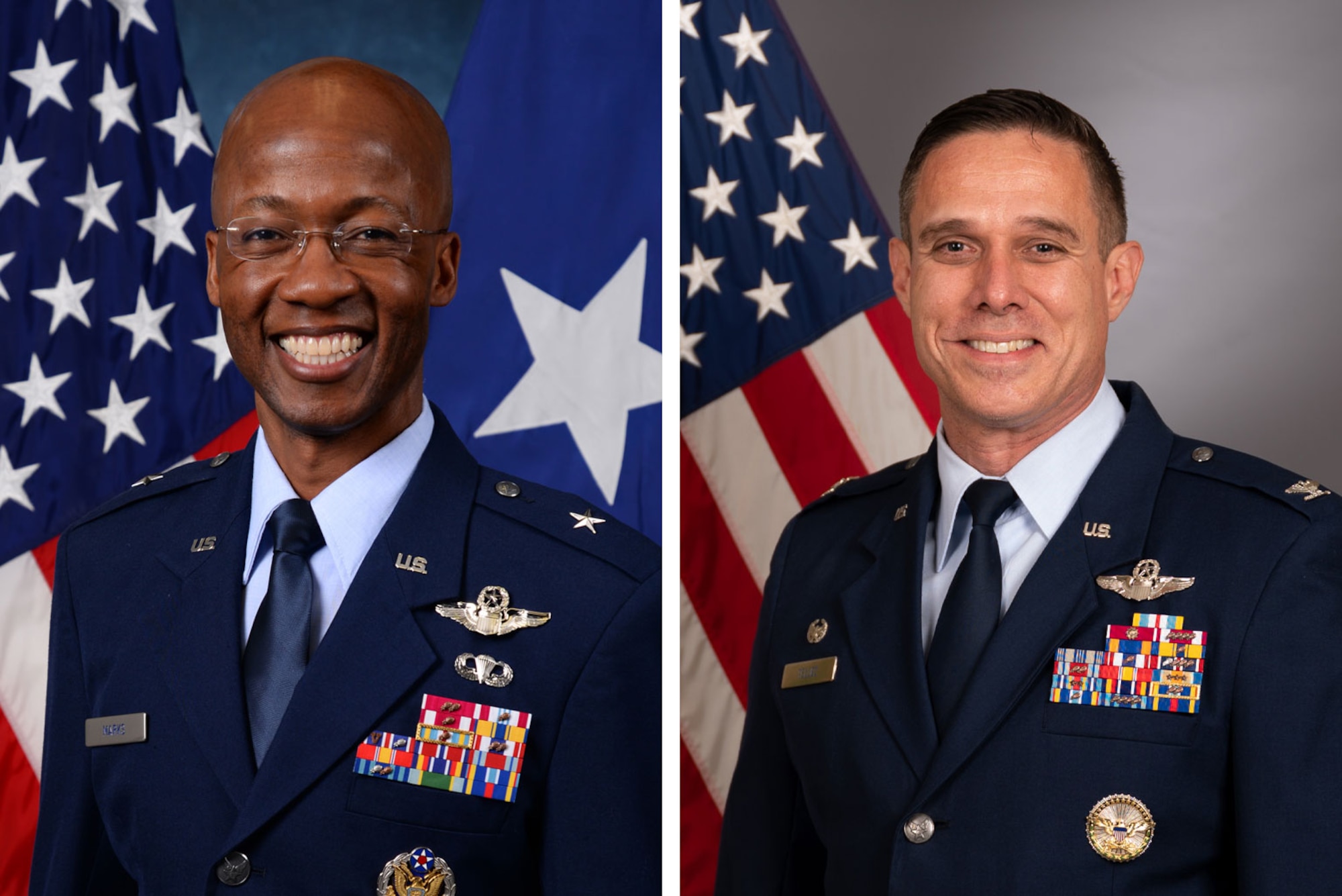 Brig. Gen. Gavin P. Marks, left, and Col. Brandon J. Tellez, right. Tellez has been assigned as the U.S. Air Force Academy’s 32nd commandant of cadets, succeeding Marks. (U.S. Air Force photos).