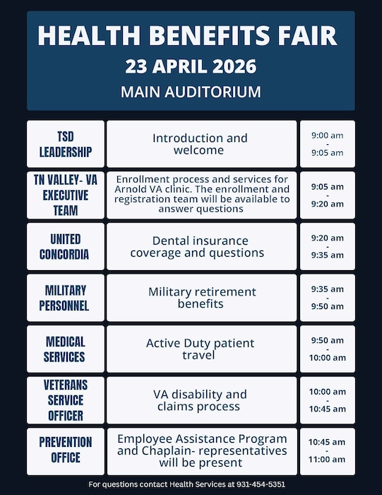 The Arnold Engineering Development Complex Health Services team at Arnold Air Force Base will host its annual Health Benefit Fair on April 23, 2026, beginning at 9 a.m. in the Main Auditorium at Arnold AFB, Tenn. The fair is open to all Arnold Air Force Base military, Department of War civilian and contractor personnel, as well as military retirees. Topics to be discussed include Veterans Affairs enrollment and services, the VA disability claims process, and military retirement benefits. (U.S. Air Force graphic)