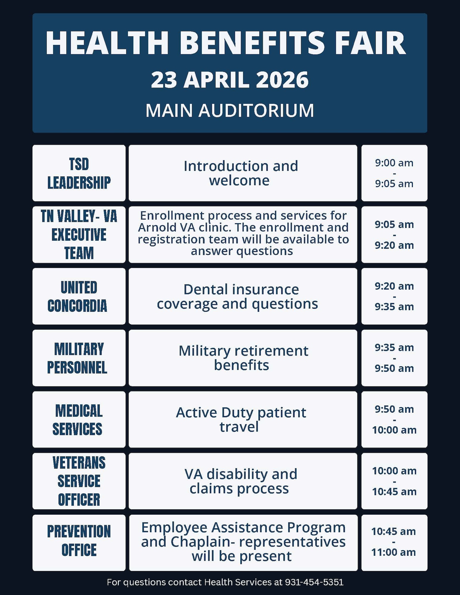 The Arnold Engineering Development Complex Health Services team at Arnold Air Force Base will host its annual Health Benefit Fair on April 23, 2026, beginning at 9 a.m. in the Main Auditorium at Arnold AFB, Tenn. The fair is open to all Arnold Air Force Base military, Department of War civilian and contractor personnel, as well as military retirees. Topics to be discussed include Veterans Affairs enrollment and services, the VA disability claims process, and military retirement benefits. (U.S. Air Force graphic)