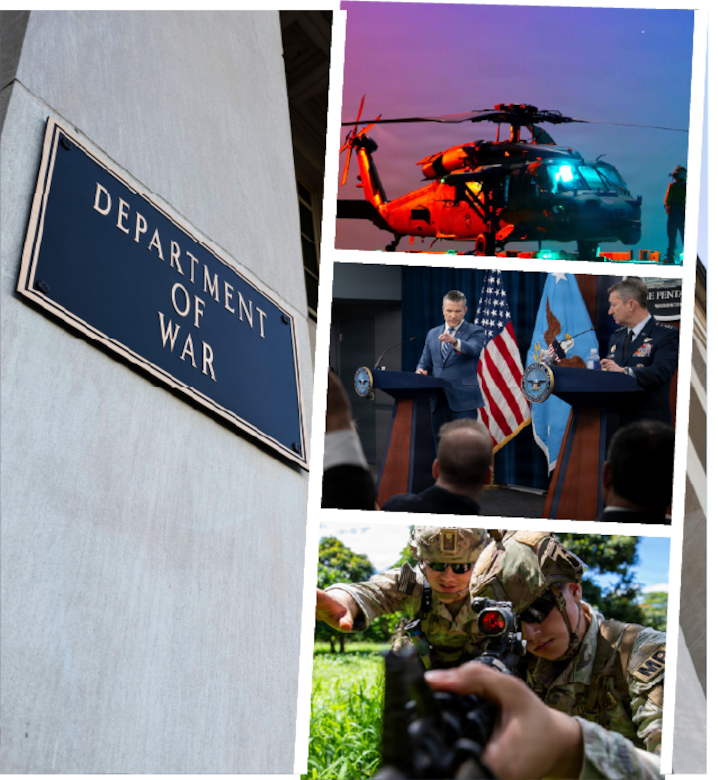 In a graphic, three photographs are stacked next to the Department of War sign on a building.