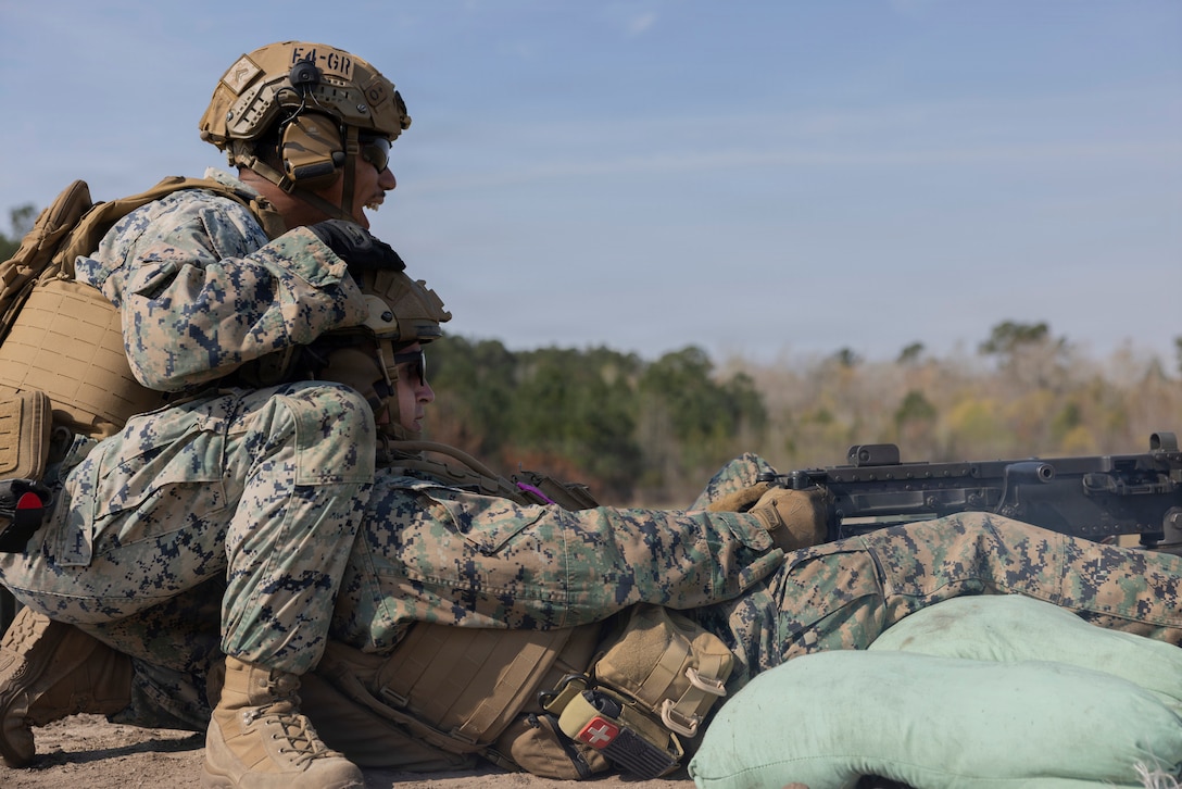 U.S. Marines with II Marine Expeditionary Force Support Battalion, fire a Browning M2A1 .50 Caliber heavy machine gun during a weapons training exercise at Marine Corps Base Camp Lejeune, North Carolina, March 21, 2026. This training was conducted to improve and sustain the Marines’ mission readiness and their ability to supply II MEF with proper operational support. (U.S. Marine Corps photo by Lance Cpl. Sabine Wilson)
