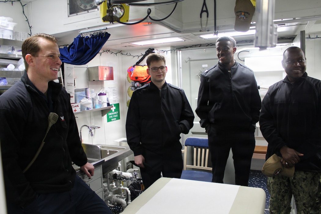 260306-N-OV429-2001 NEWPORT, R.I. (March 6, 2026) – Sailors from Navy Medicine Readiness and Training Command (NMRTC) New England, tour the sick bay onboard the future Arleigh Burke-class guided missile destroyer USS Harvey C. Barnum Jr. (DDG 124), March 6, 2026. The tour highlighted the vital role Navy Medicine plays in sustaining warfighter readiness at sea, reinforcing how medical Sailors contribute directly to mission success. NMRTC New England provides operational training to healthcare professionals through healthcare delivery to optimize both medical staff and Warfighter and readiness. (U.S. Navy photo by Hospital Corpsman Third Class Jammel Tilley)