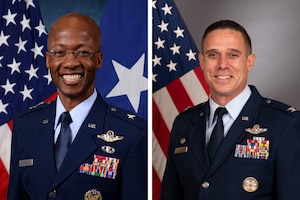 Brig. Gen. Gavin P. Marks, left, and Col. Brandon J. Tellez, right. Tellez has been assigned as the U.S. Air Force Academy’s 32nd commandant of cadets, succeeding Marks. (U.S. Air Force photos).