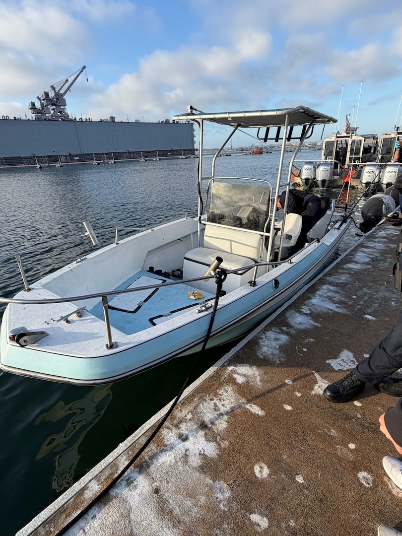 A vessel used to transport four suspected aliens sits vacant in San Diego, California, April 8, 2026. A Coast Guard boarding team assigned to Maritime Safety and Security Team San Francisco (MSST 91105) interdicted four suspected aliens approximately 5 miles offshore of Point Loma.