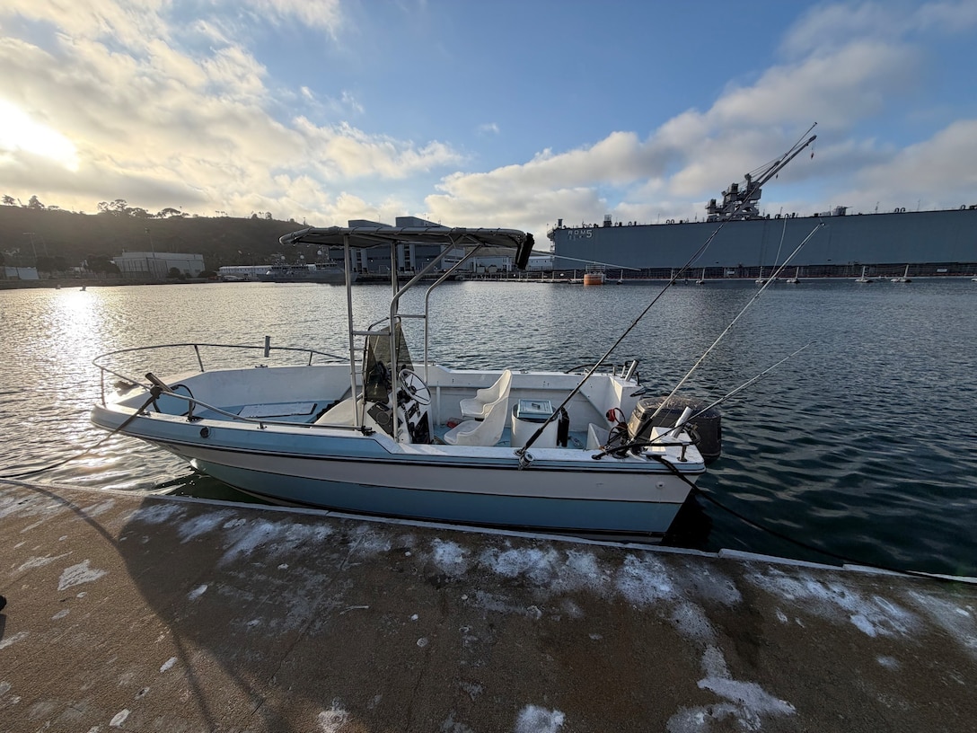 A vessel used to transport four suspected aliens sits vacant in San Diego, California, April 8, 2026. A Coast Guard boarding team assigned to Maritime Safety and Security Team San Francisco (MSST 91105) interdicted four suspected aliens approximately 5 miles offshore of Point Loma.