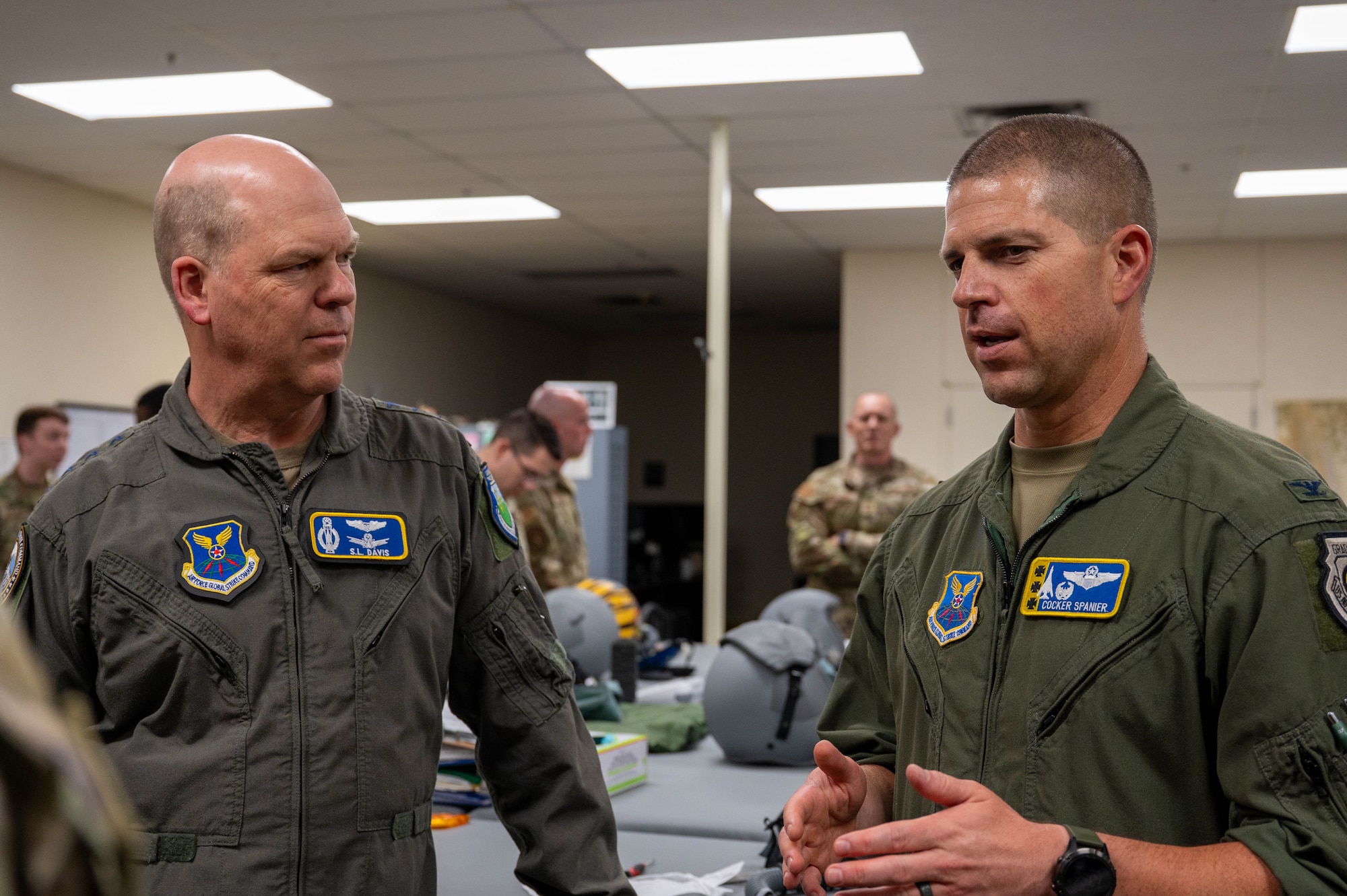 U.S. Air Force Gen. S.L. Davis, commander of Air Force Global Strike Command, and U.S. Air Force Colonel Seth Spanier, 7th Bomb Wing commander, discuss B-1B Lancer operations at Dyess Air Force Base, Texas, March 30, 2026. The conversation provided insight into the aircraft’s capabilities, training and mission readiness to support Global Strike operations. (U.S. Air Force photo by Airman 1st Class William Neal)