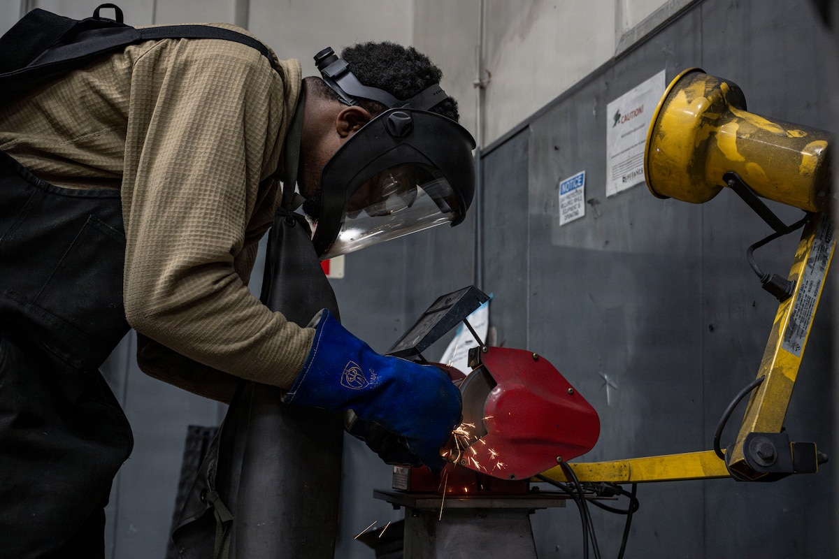 U.S. Air Force Airman Earryl Robertson, 35th Munitions Squadron armament floor technician, machines a component at Misawa Air Base, Japan, March 31, 2026.