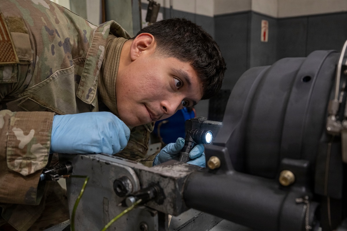 U.S. Air Force Staff Sgt. Rigo Bucio, 35th Munitions Squadron armament maintenance supervisor, inspects an F-16 Fighting Falcon’s M6A1 Vulcan rotary cannon at Misawa Air Base, Japan, March 31, 2026.