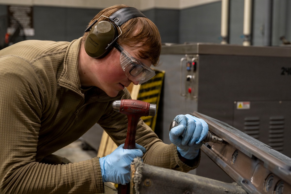 U.S. Air Force Airman Xander Bradley, 35th Munitions Squadron armament floor technician, works on F-16 Fighting Falcon aircraft components at Misawa Air Base, Japan, March 31, 2026.