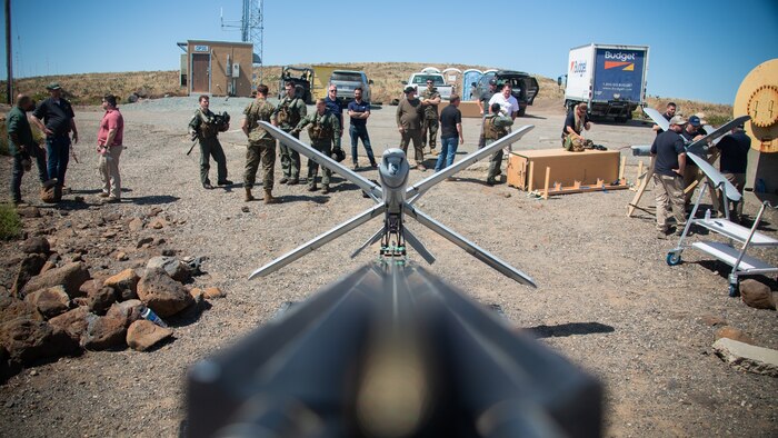 A U.S. Marine Corps Hero-400 loitering munition drone is staged before flight on San Clemente Island, California, May 25, 2022. The Hero-400 is a loitering munition that the United States Marine Corps and other Department of Defense entities are beginning to incorporate into specific mission sets. This initial training flight develops the unmanned aerial systems pilots’ confidence and abilities to be able to operate the Hero-400 in any clime and place, and enabling 3rd MAW to remain a more lethal and ready force. (U.S. Marine Corps photo by Lance Cpl. Daniel Childs)