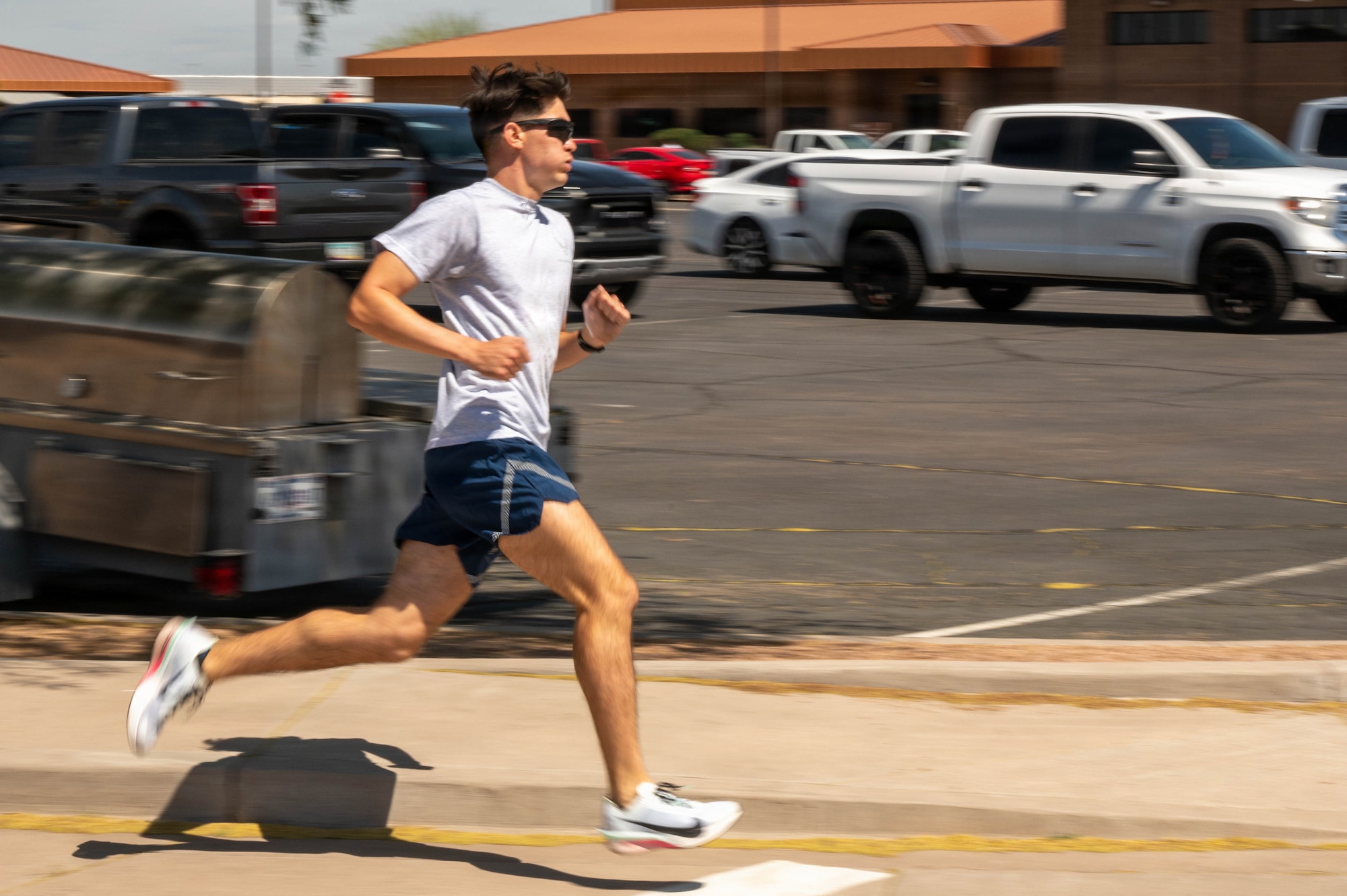 U.S. Air Force Senior Airman Michael Sexson, a security forces specialist assigned to the 161st Air Refueling Wing, runs in the 1,000-meter portion of the German Armed Forces Proficiency Badge assessment at Goldwater Air National Guard Base, Phoenix, April 2, 2026. The GAFPB is a decoration of the Bundeswehr, the Armed Forces of the Federal Republic of Germany, and is one of few foreign military badges authorized to be worn by U.S. Air Force, Army, and Space Force members.
 (U.S. Air National Guard photo by Airman 1st Class Jacob Hreshchyshyn)