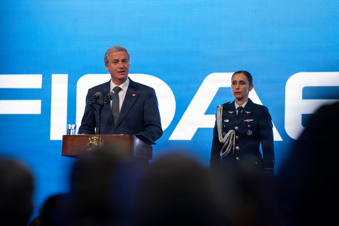 President of the Republic of Chile José Antiono Kast delivers remarks during the Feria Internacional del Aire y del Espacio (FIDAE) 2026 in Santiago, Chile, April 7, 2026. The ceremony underscored the integration of military and civilian aerospace efforts to advance innovation and regional stability during Latin America’s largest aerospace and defense exhibition. (U.S. Air Force photo by Andrea Jenkins)
