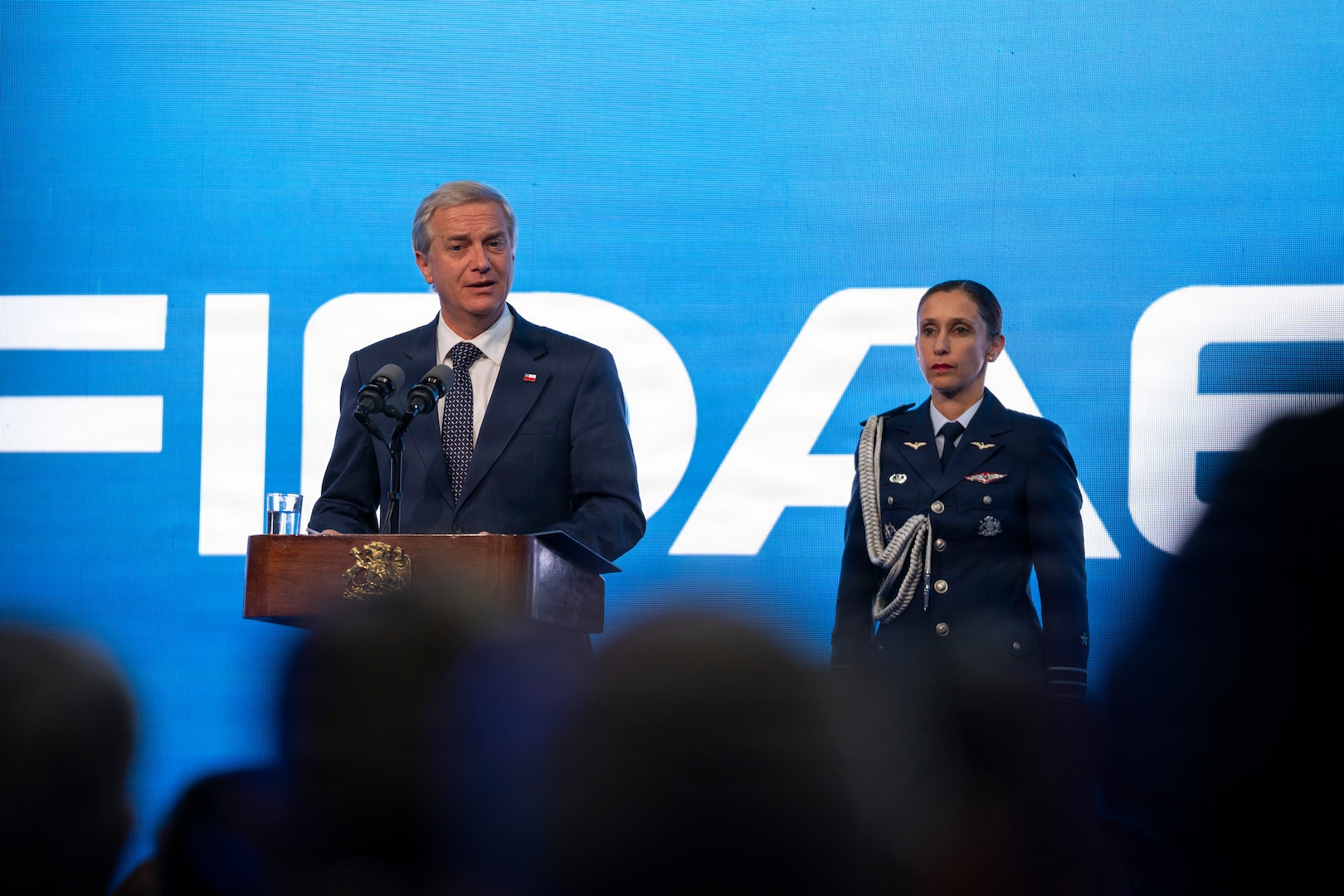 President of the Republic of Chile José Antiono Kast delivers remarks during the Feria Internacional del Aire y del Espacio (FIDAE) 2026 in Santiago, Chile, April 7, 2026. The ceremony underscored the integration of military and civilian aerospace efforts to advance innovation and regional stability during Latin America’s largest aerospace and defense exhibition. (U.S. Air Force photo by Andrea Jenkins)
