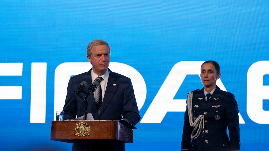 President of the Republic of Chile José Antiono Kast delivers remarks during the Feria Internacional del Aire y del Espacio (FIDAE) 2026 in Santiago, Chile, April 7, 2026. The remarks emphasized Chile’s role as a regional leader in air and space collaboration and reinforced the importance of enduring international partnerships across Latin America’s largest air, space and defense exhibition. (U.S. Air Force photo by Andrea Jenkins)